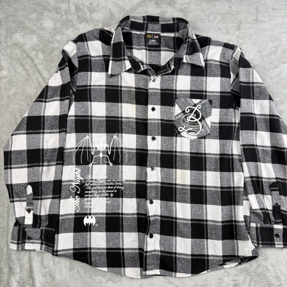 Batman Tango Hotel Flannel Shirt Mens XL Black White Plaid Dark Knight Graphic